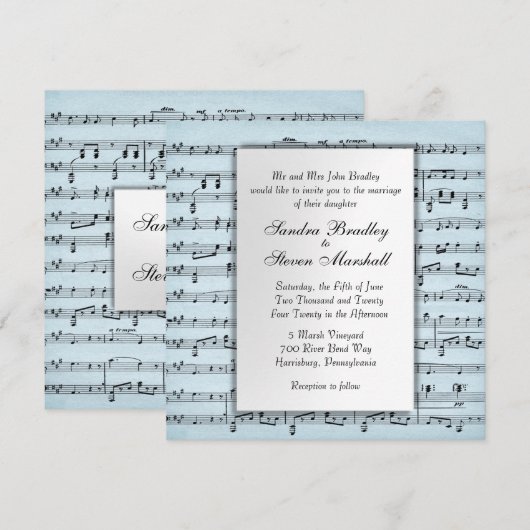 Blad Music Blue Wedding Uitnodiging (Voorkant / Achterkant)