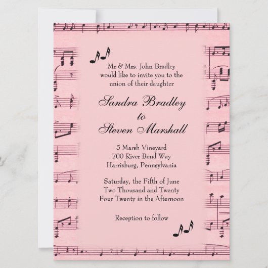 Blad Music Pink Wedding Uitnodiging (Voorkant)