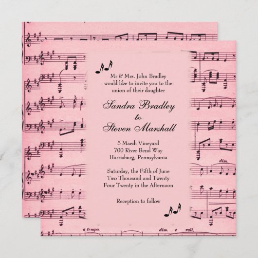 Blad Music Pink Wedding Uitnodiging (Voorkant / Achterkant)