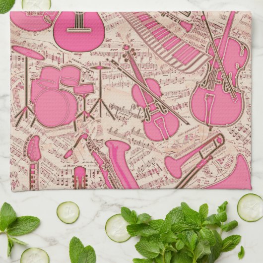 Blad Muziek en instrumenten Roze/Ivory ID481 Theedoek (Gevouwen)