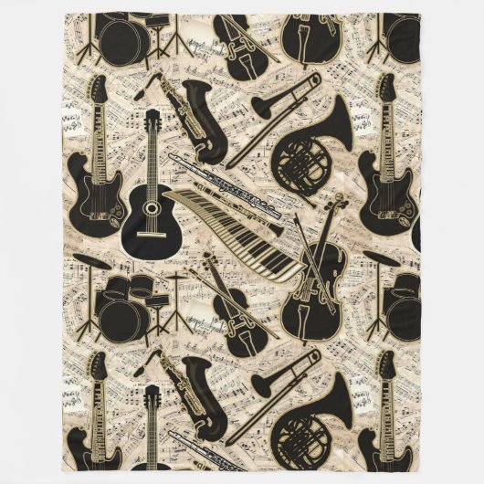 Blad Muziek en instrumenten zwart/goud ID481 Fleece Deken (Voorkant)