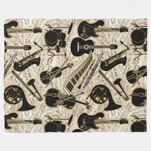 Blad Muziek en instrumenten zwart/goud ID481 Fleece Deken (Voorkant (Horizontaal))