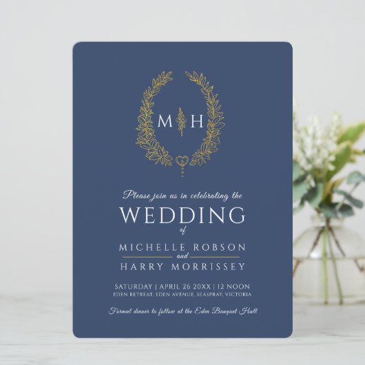 Blad ovale lijn art bruiloft goud marine blauw wit kaart (Staand voorkant)