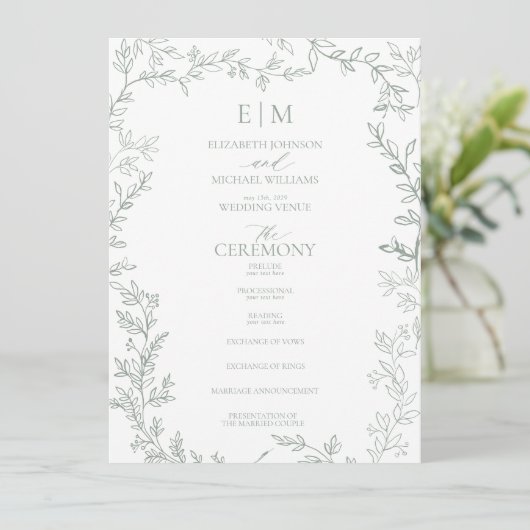 Blad Salie Groen Elegant Monogram Bruiloft Programma (Staand voorkant)