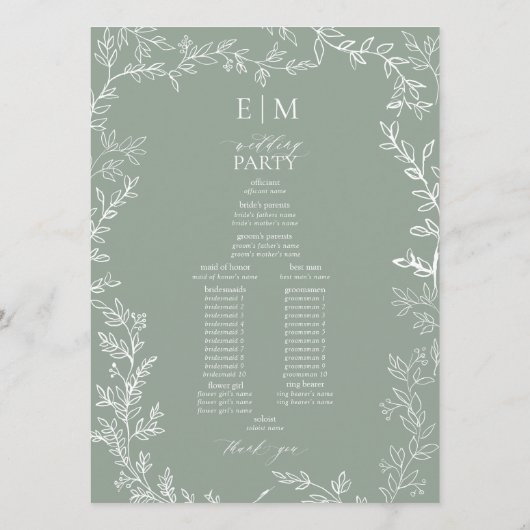 Blad Salie Groen Elegant Monogram Bruiloft Programma (Achterkant)