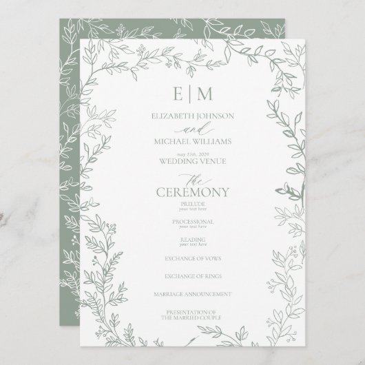 Blad Salie Groen Elegant Monogram Bruiloft Programma (Voorkant / Achterkant)