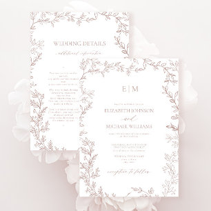 Blad Stof Roze Elegante Monogram Details Trouwen Kaart
