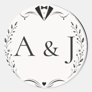 Blad:Zwart Witte Bruid Bruidegom Monogram Trouwzeg Ronde Sticker