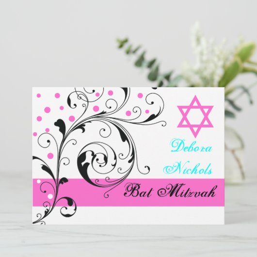 Bladbladroos zwart, wit, heet roze & Davidster Kaart (Staand voorkant)