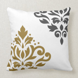 Blader naar Damask Art I Gold & Grey op White Kussen