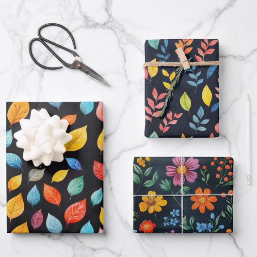 Bladeren & Bloemen Krijt Tekening Herfst Gift Inpakpapier Vel (Voorkant)