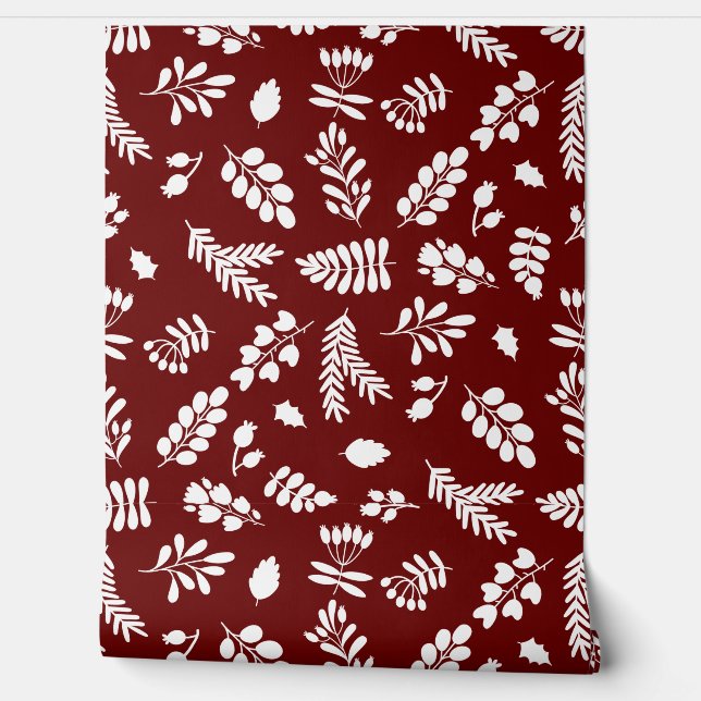 Bladeren en bessen Patroon - Cranberry | Wit Behang (Afrollen)