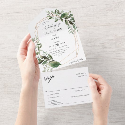 Bladeren en Eucalyptus Gold Weddenschap All In One Uitnodiging (Afscheurbaar)