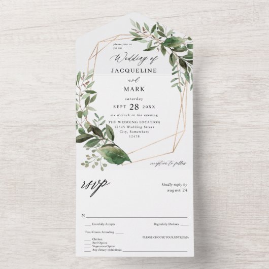 Bladeren en Eucalyptus Gold Weddenschap All In One Uitnodiging (Binnen)