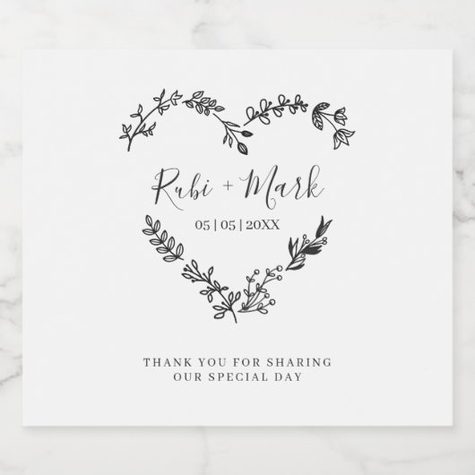 Bladeren en Wildbloemen Hart in Zwart Sparkling Wijnetiket (Enkel label)