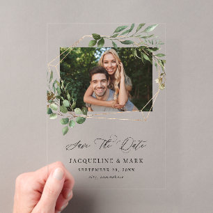 Bladeren & Eucalyptus Goud H Foto Save the Date Acryl Uitnodigingen