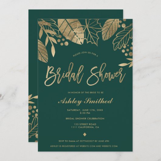 Bladeren goud smaragdgroen modern vrijgezellenfees kaart (Voorkant / Achterkant)