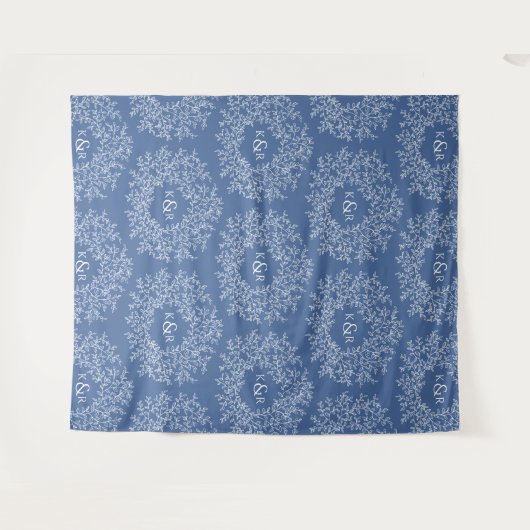 Bladeren hand getrokken monogram blauwe bruiloft a wandkleed (Voorkant (horizontaal))