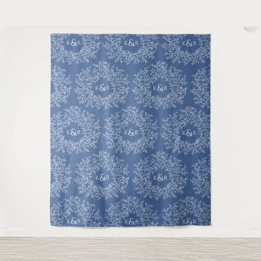 Bladeren hand getrokken monogram blauwe bruiloft a wandkleed (Voorkant)