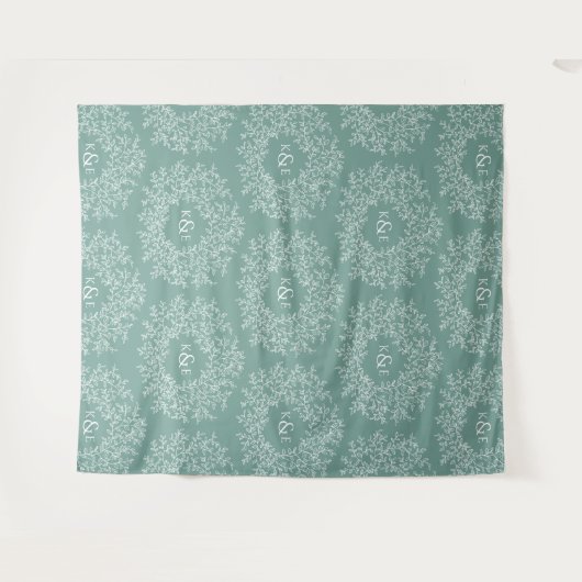 Bladeren hand getrokken monogram groene bruiloft a wandkleed (Voorkant (horizontaal))