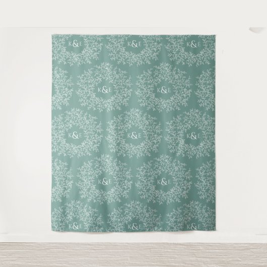 Bladeren hand getrokken monogram groene bruiloft a wandkleed (Voorkant)