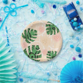 bladeren, monsters, roze, groen, tropisch, palm papieren bordje (Feest)
