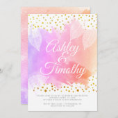 Bladeren op roze waterverf kalligrafie bruiloft kaart (Voorkant / Achterkant)