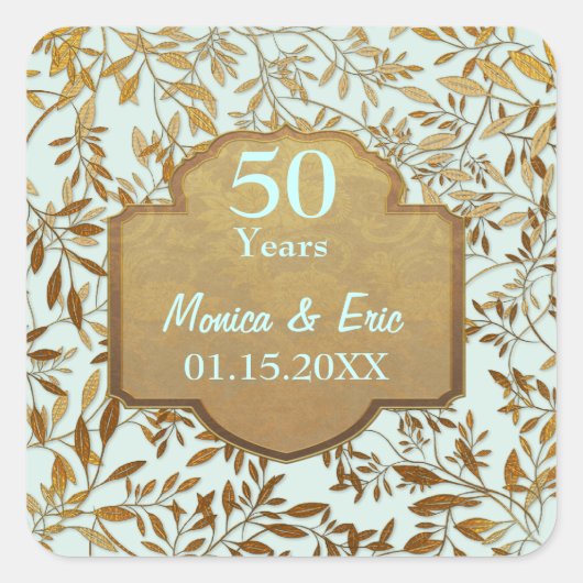 Bladeren van Gold 50th Wedding Jubileum Vierkante Sticker (Voorkant)