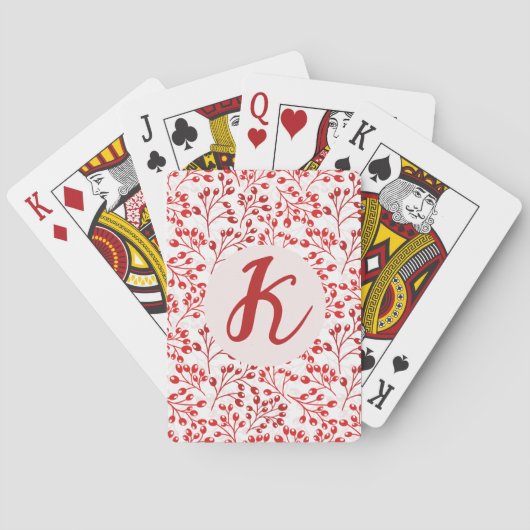 Bladerig Rood Patroon Modern Elegeant Monogram Pokerkaarten (Achterkant)