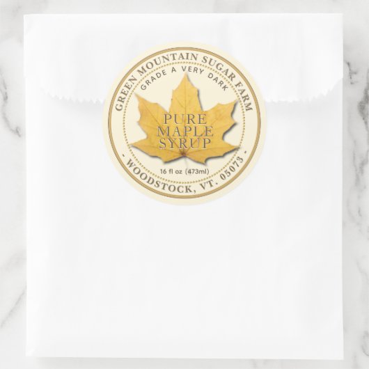 Bladgele esdoornsiroop ronde sticker (Tas)