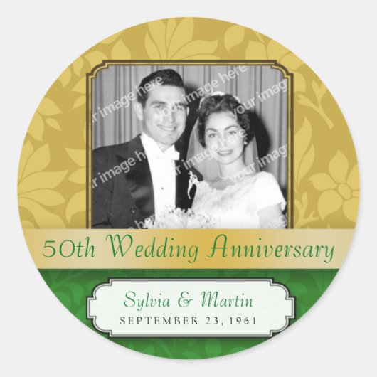 Bladgoud Damask 50e Jubileum Ronde Sticker (Voorkant)