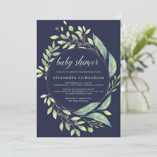 Bladgroen Waterverf Baby shower donkerblauw Kaart (Staand voorkant)
