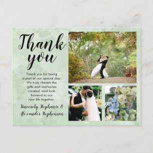 Bladgroen Waterverf bruiloft dank u 3 foto Briefkaart