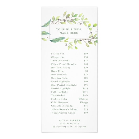 Bladgroen Waterverf Lijst | Salon prijslijst Reclamekaart (Voorkant)