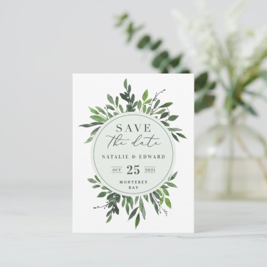 bladig waterverf bloemig save the date ansichtkaar aankondigingskaart (Staand voorkant)