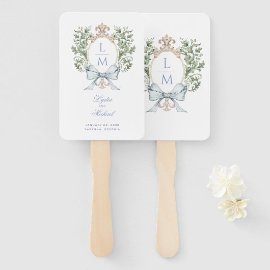 Bladkam Monogram Bruiloft Handwaaier (Voorkant en achterkant)