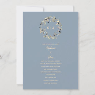 Bladkam Monogram Stoffig Blauw Ivoor Bruiloft Kaart