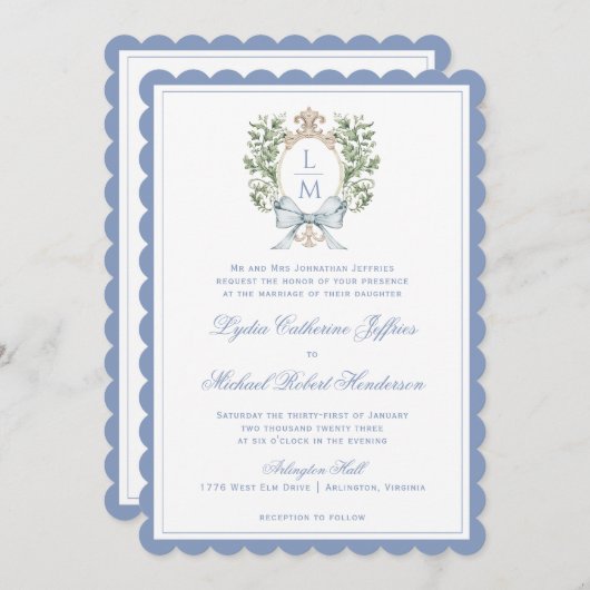 Bladkam monogram | Uitnodiging voor geschulpte bru (Voorkant / Achterkant)