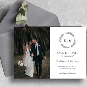 Bladkrans Monogram Zwart-wit Save The Date Magnetische Uitnodiging