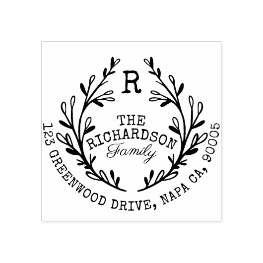 Bladlaurier tak krans monogram familie adres 	rubberstempel (Afrduk)