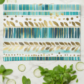 Bladmix en luciferstrepen blauwgroen en goud theedoek (Gevouwen)