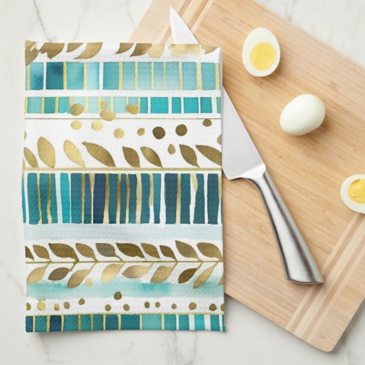 Bladmix en luciferstrepen blauwgroen en goud theedoek (Quarter Fold)