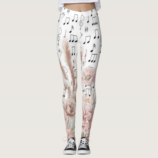 bladmuziek met roze pioenroos wilde bloemen leggings (Voorkant)