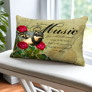 Bladmuziek Quote Viool Red Rose en Bird Accent Kussen