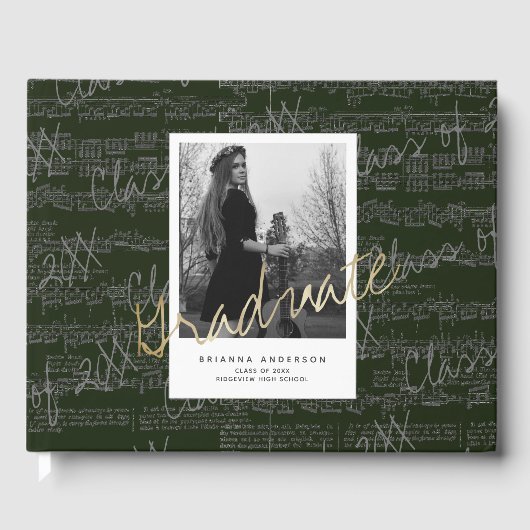 Bladmuziek Script Green Afstuderen Guest Book Gastenboek (Voorkant)