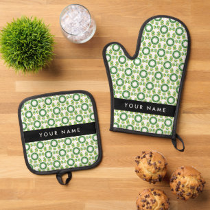 Bladpatroon, Groene bladeren, Jouw naam Ovenwant & Pannenlap Set