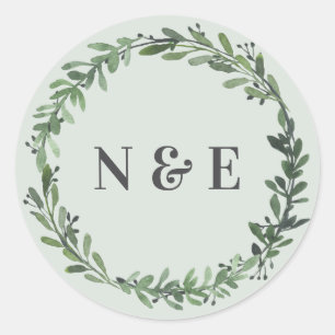 Bladvormige waterverf Bloemen Bruiloft Naam Sticke Ronde Sticker