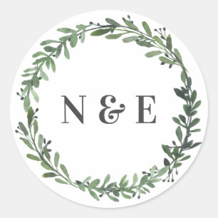 Bladvormige waterverf Bloemen Bruiloft Naam Sticke Ronde Sticker