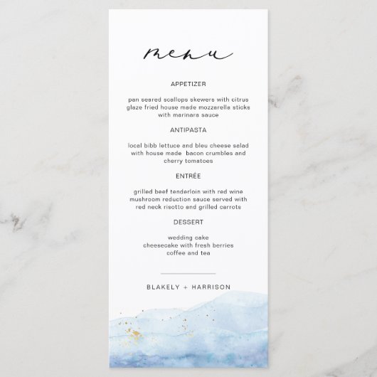 BLAKELY Dusty Blue Watercolor Plage Menu Mariage (Devant)