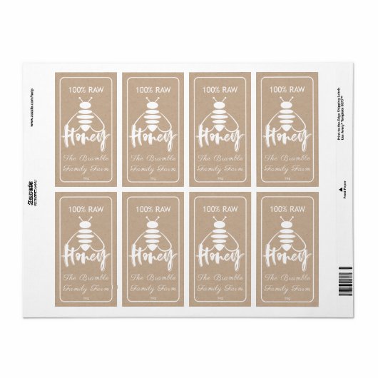 Blanc 100% Miel Brut Étiquette Sur Kraft Apiary (Feuille entière)